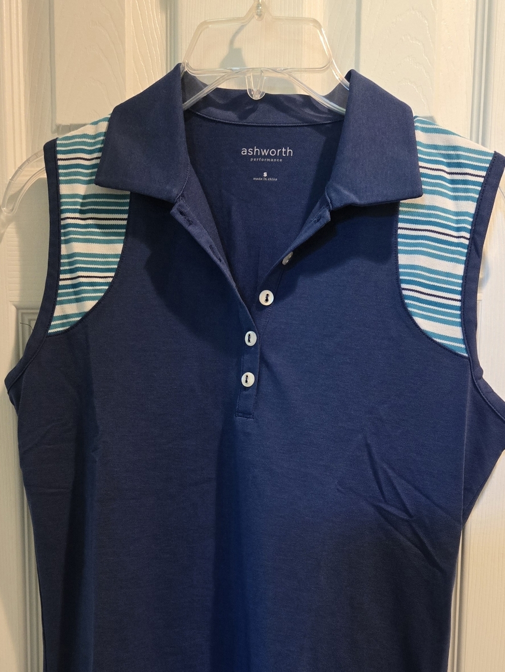 Ashworth Blue Sleeveless Golf Top with Striped Shoulder Panels